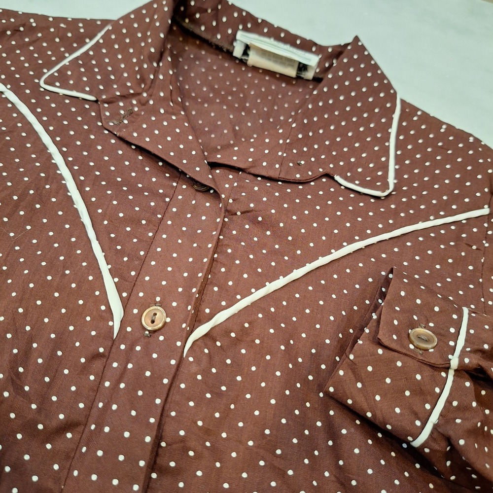 Vtg 70s‎ Teddi of California Sz 10 (S-M) Brown Polka Dot Western Piping Shirt